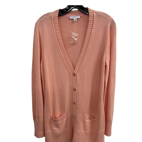 Isaac Mizrahi Live! Sweaters - Isaac Mizrahi Live Essentials Peach Coral Cardigan Sweater V-Neck Longline SizeM
